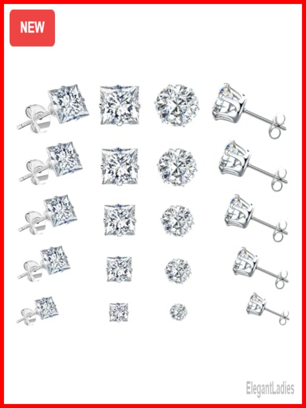 10 Pairs CZ Stud Earrings Set Hypoallergenic Stainless Steel 4-8mm for Women